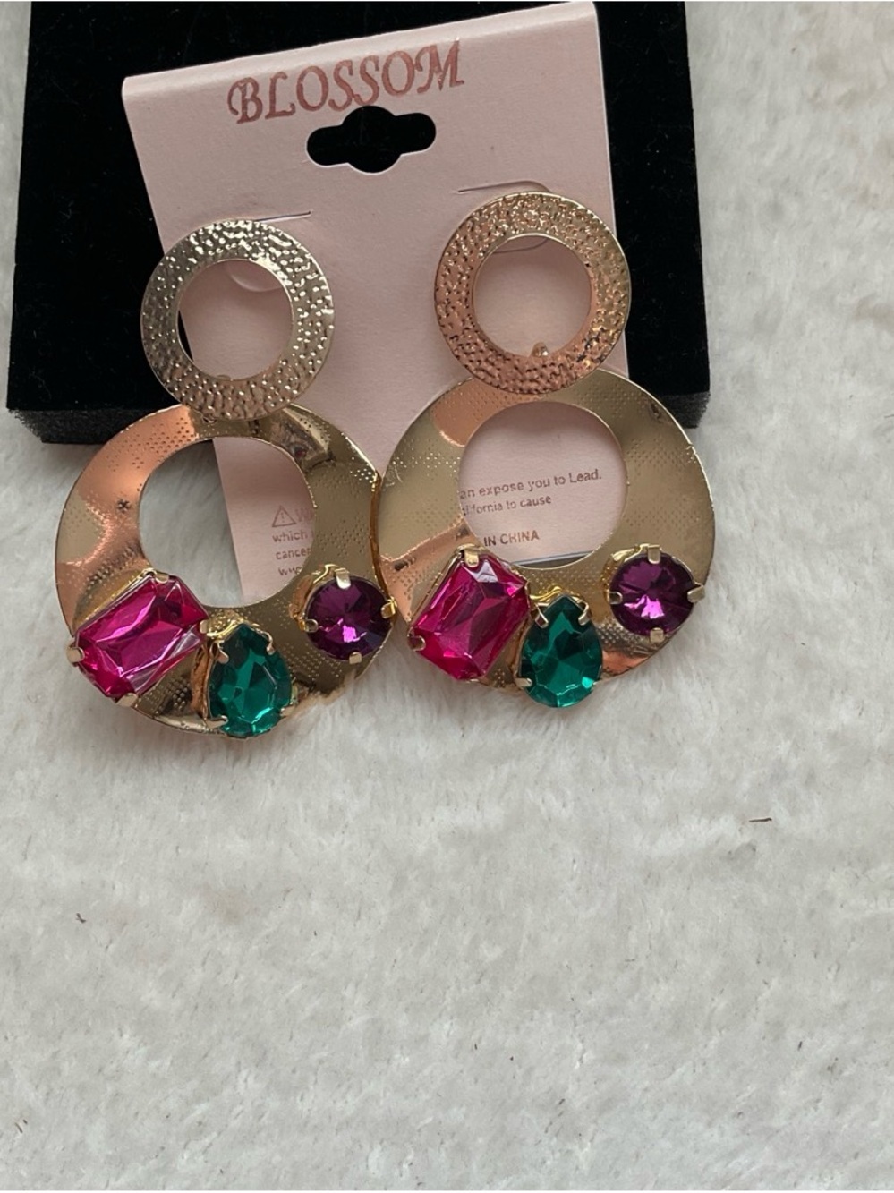 Gold Hoop Earrings with Pink and Green Gemstones